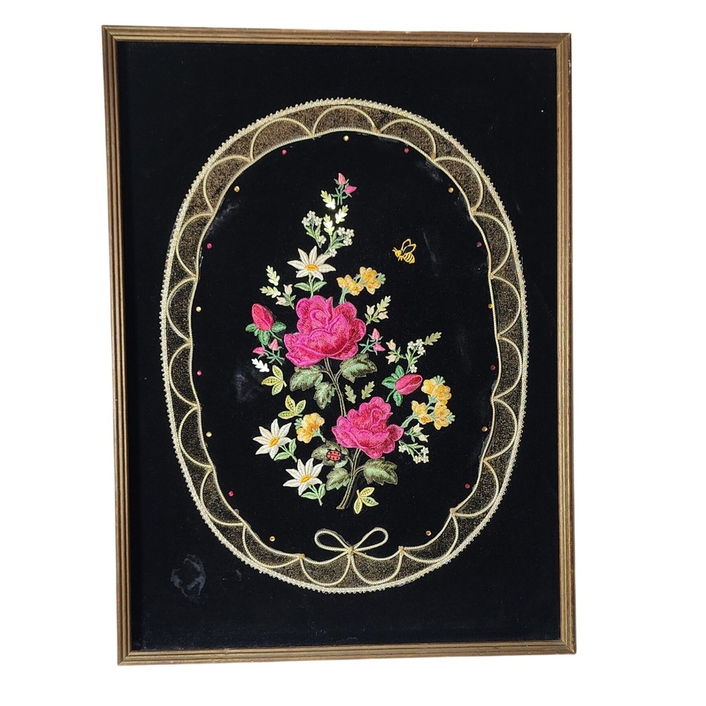 Vintage Floral Embroidery Black Velvet Wall Art Framed Pink Roses Bee Ladybug